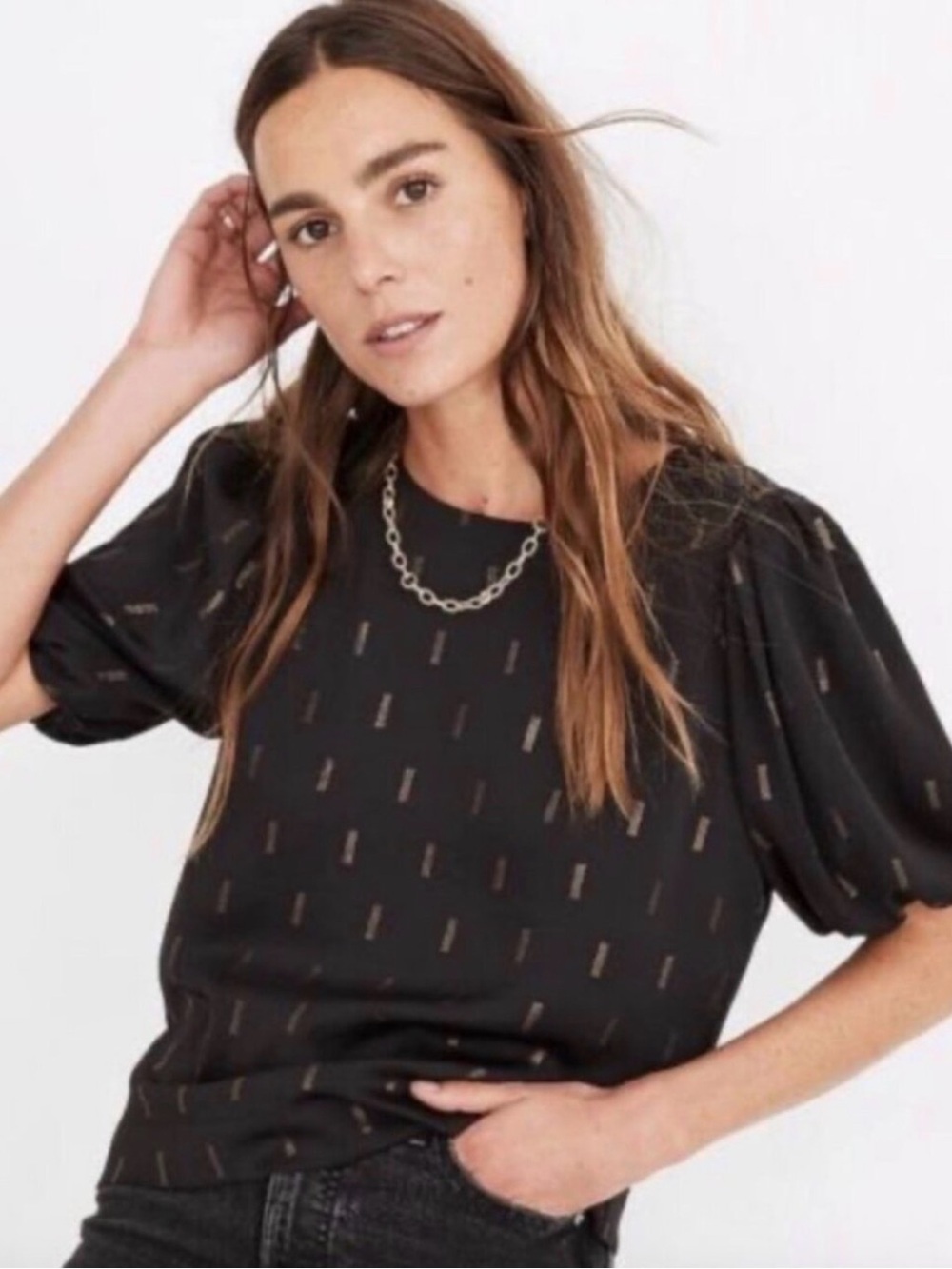 Madewell Black Puff-Sleeve Top with Metallic Dash Print